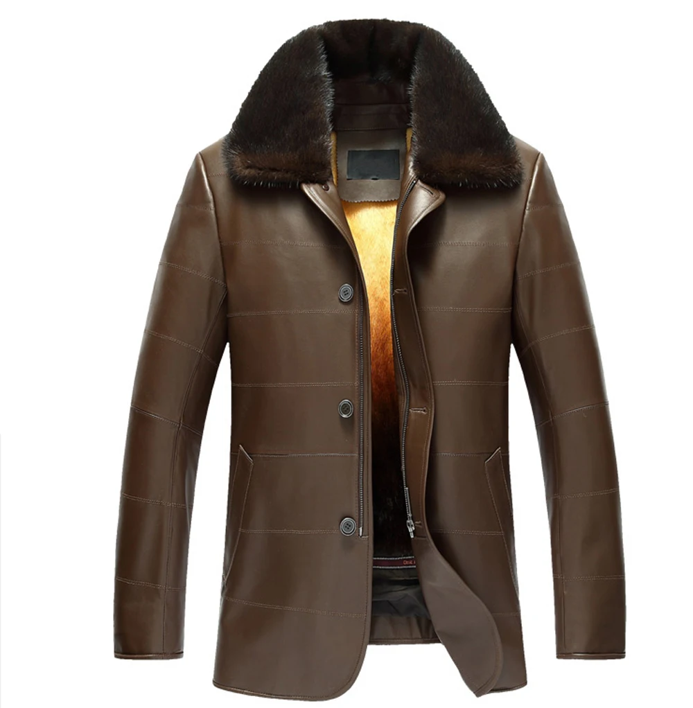 New Men's Mink Fur Coat Black Leather Jacket Luxury Casual