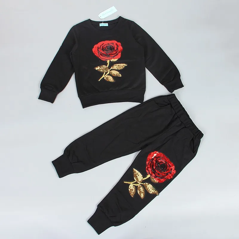 Осенняя футболка с блестками для девочек+ штаны, комплект повседневной одежды для детей vetement fille, детский спортивный костюм черно-белый Детский костюм