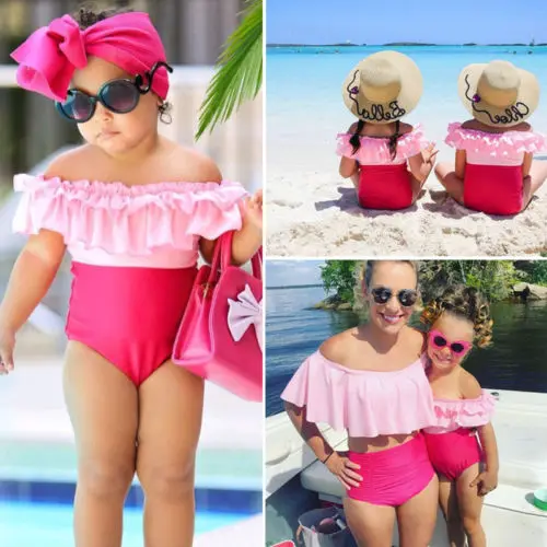 

Family Matching Fashion Women Kids Baby Girls Swimsuit Swimwear Off Shoulder Beachwear Bikini