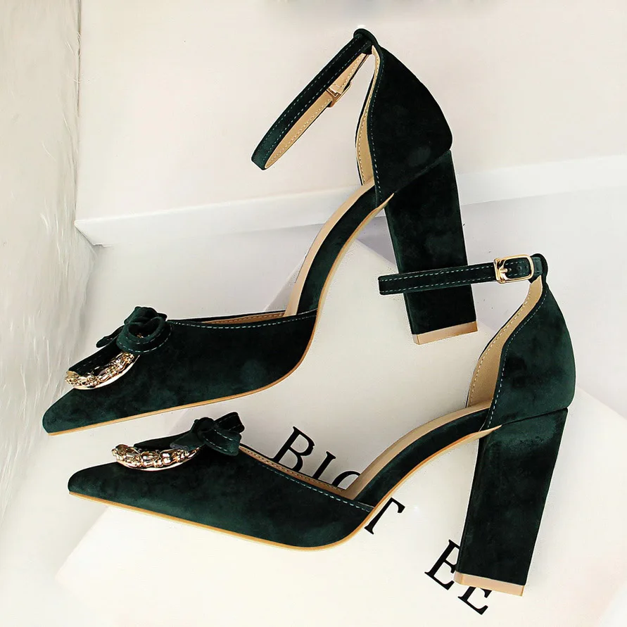 

2018 Women Summer 9cm Block High Heels Sandals Flock Crystal Glitter Velvet Pumps Female Strap Slides Salto Alto Green Shoes