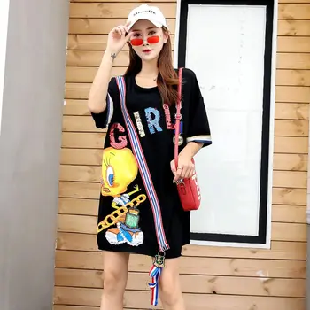 

Summer dress ladies dress Thai street fashion cartoon heavy work sequin print loose large size T-shirt female long ins dress