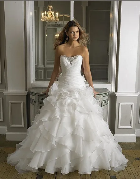 Drop Waist Organza Features Alternating Cascading Ruffles Sweetheart Drop Waist Organza Features Alternating Cascading Ruffles Sweetheart Silver Embroidery Pearls Beading Wedding Dress Bridal Gown