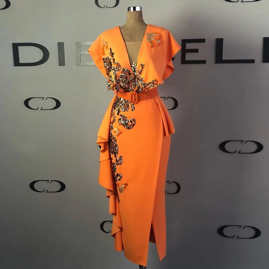 Реальное изображение, Оранжевая женская одежда длиной до щиколотки с блестящей аппликацией из пайеток, платья для выпускного вечера с разрезом по бокам и v-образным вырезом