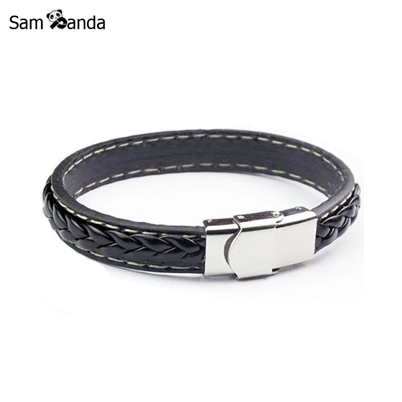 

2018 Black Genuine Leather Bracelet Men Bangle With Stainless Steel Fashion New Men Jewelry Rock Chunky Vintage Mens Bracelets