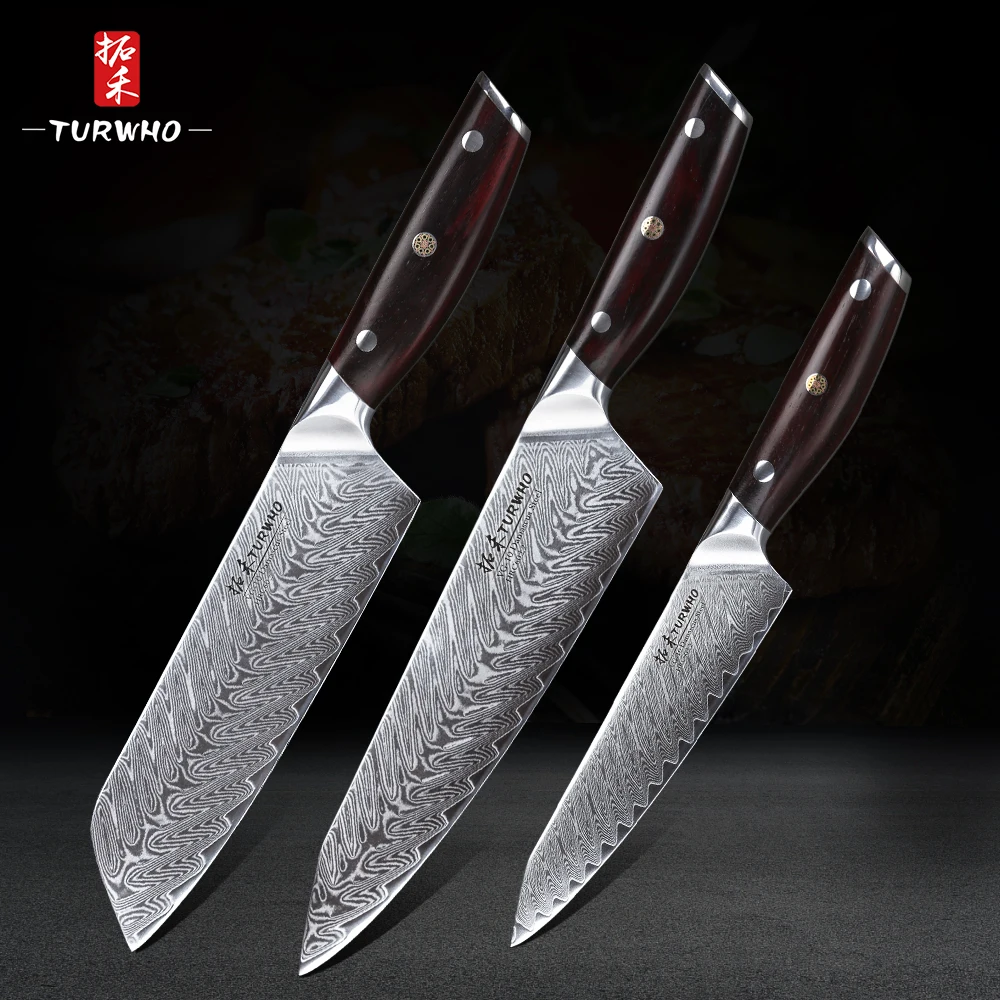 

TURWHO 3PCS Kitchen Knife Set Pro Chef Santoku Utility knife Japanese Damascus Steel knife Red Sandalwood Handle kitchen Tool