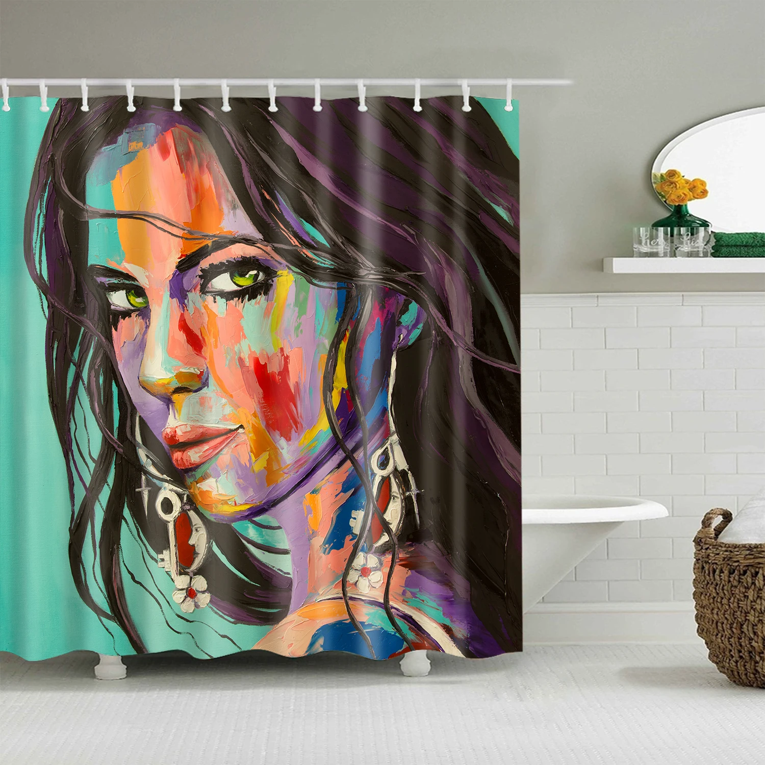 

Queen and King Oil Painting Girls on Single Printing Shower Curtain Waterproof Polyester for Bathroom Decorative with 12 Hooks