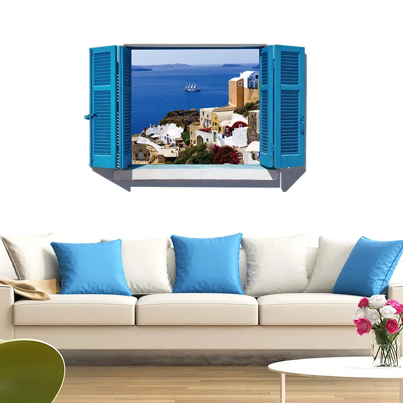 [Fundecoration] 3D средиземноморские синие наклейки на стену с ложными окнами пейзаж
