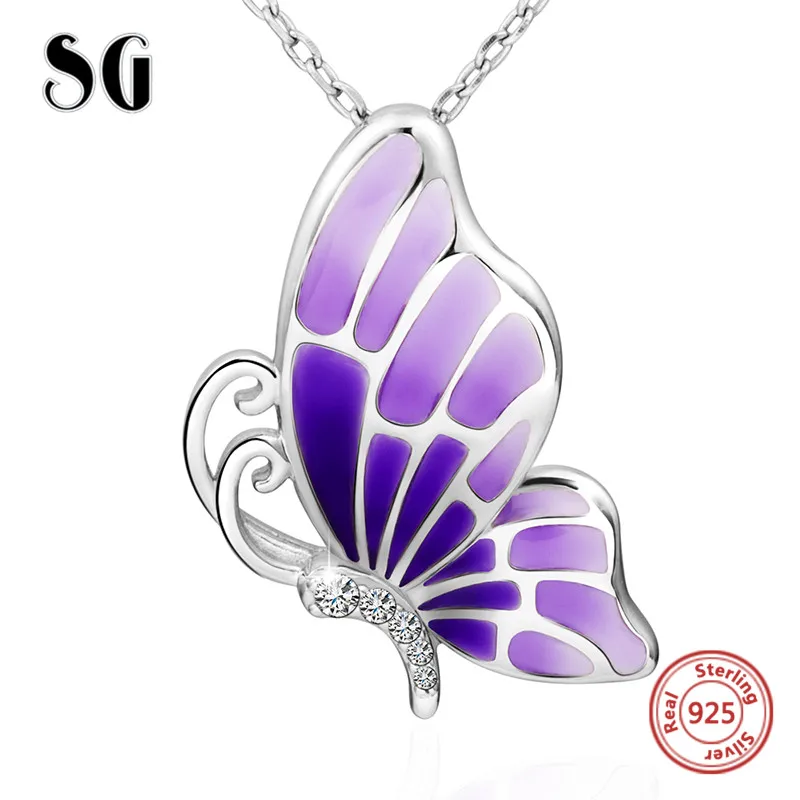 

925 sterling silver lovely butterfly chain necklace&pendant with purple enamel European diy fashion jewelry making for women