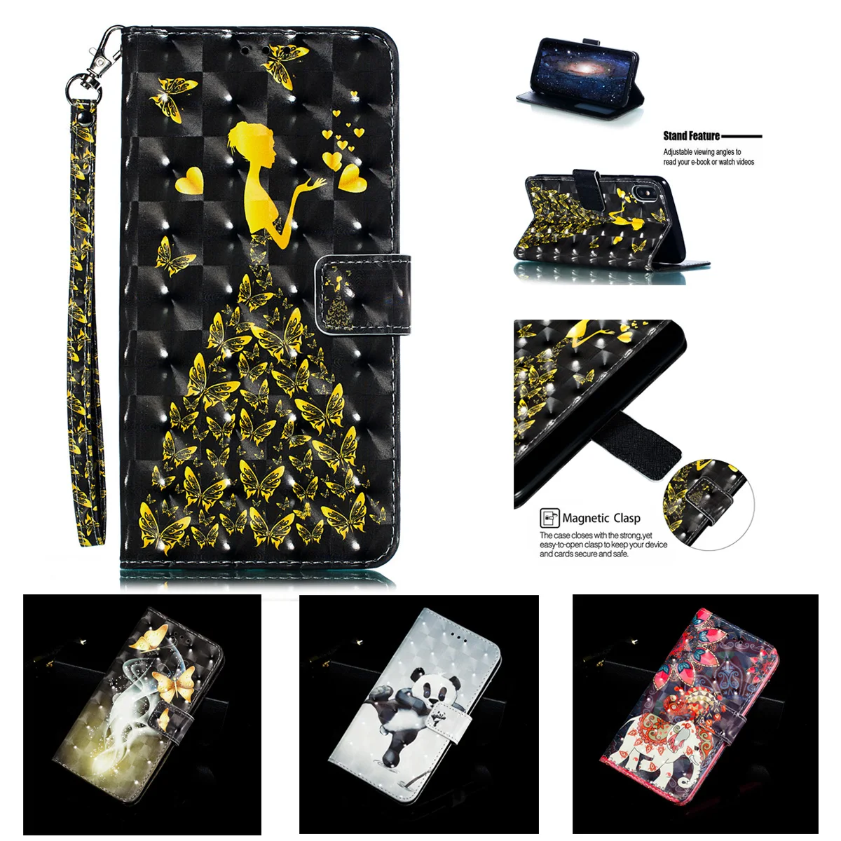 

For Iphone Xs Max Case Luxury Wallet Iphone X Xr Leather Photo Card Flip Pu Cover Stander Cute 3d Butterfly Embossed Phone Case