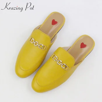

2020 Genuine Leather Summer Shoes Slip On Large Size Embroidery Flat With Slingback Outside Slippers Metal Chains Mules