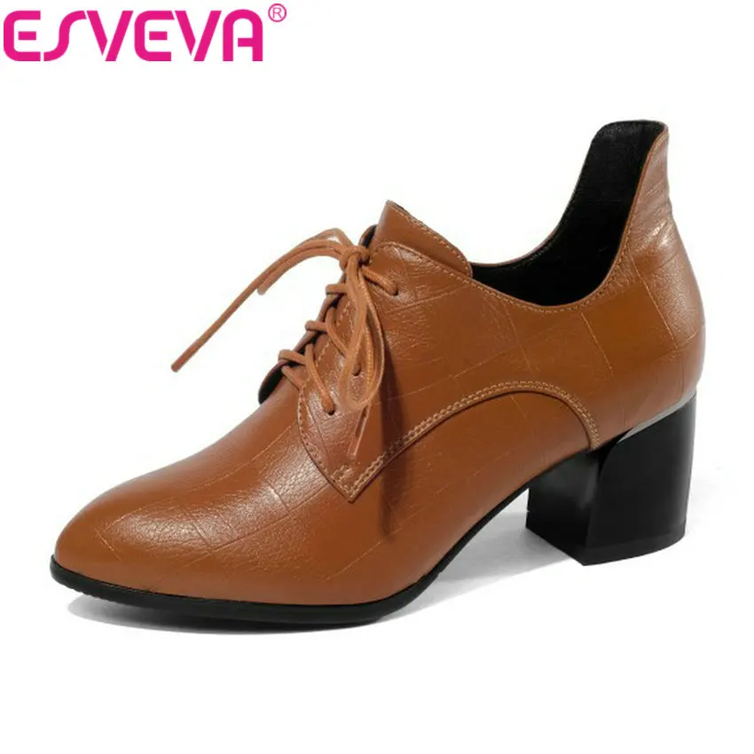 

ESVEVA 2019 Med Heels Women Pumps Shoes Lace Up Embossed Leather Square Heels Shallow Women Shoes Pumps Pointed Toe Size 34-43