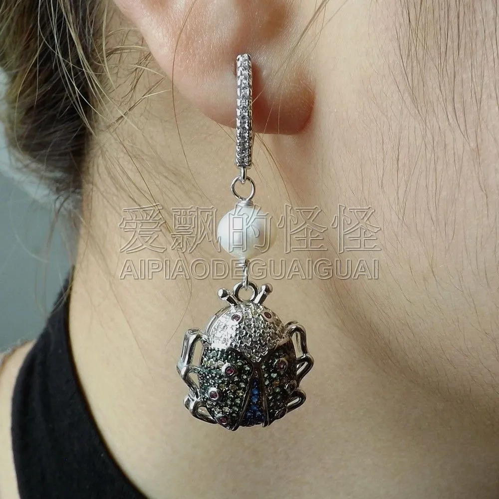 

Women's White Pearl Earrings Beetle CZ Lever back Earrings