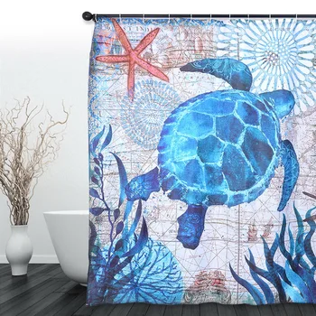 

Polyester Waterproof Shower Curtain Turtle 12pc Hooks Mildew Resistant Bath Curtain Home Bathroom Decor