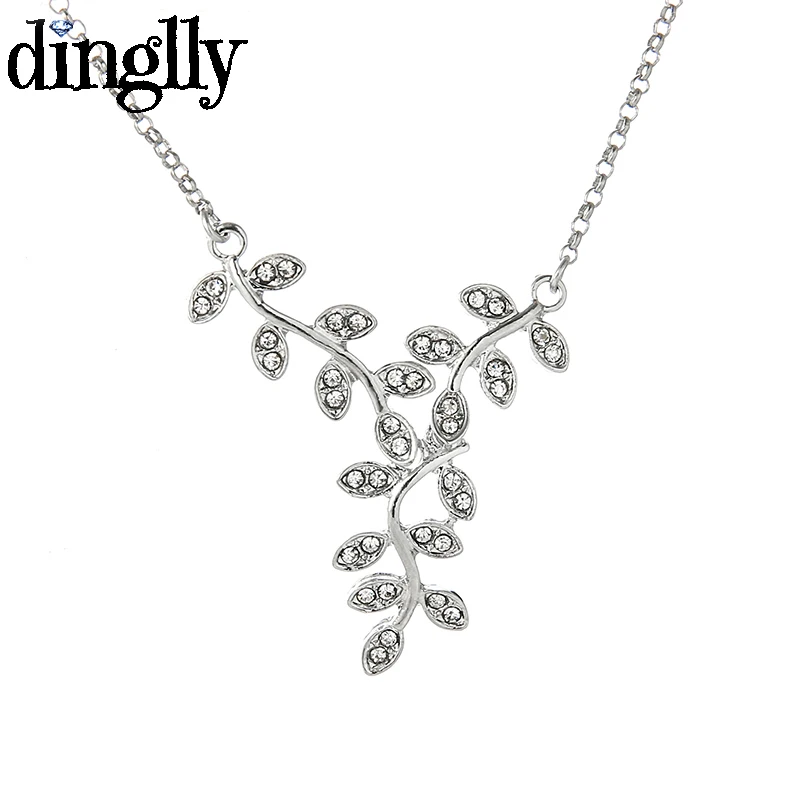 DINGLLY Elegant Olive Branch Necklaces Silver Color Leaf Pendant Charm