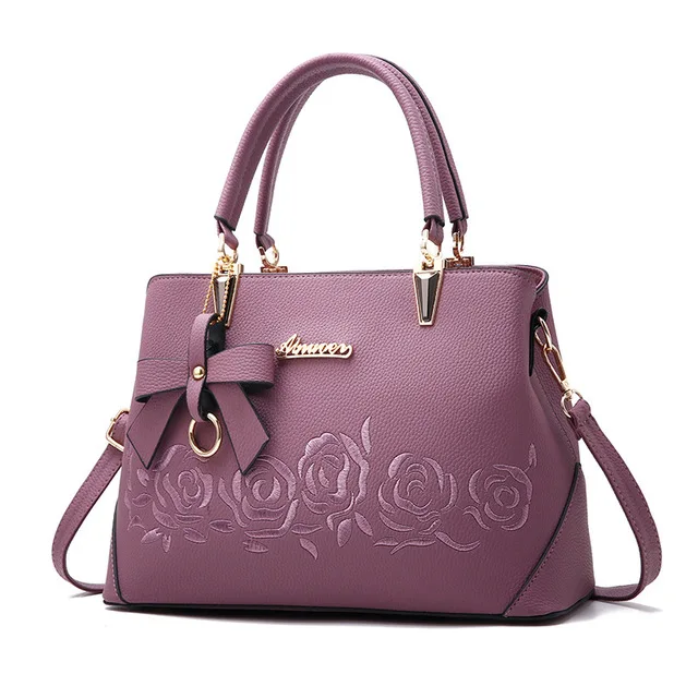 YINGPEI, женская сумка, известный бренд, из искусственной кожи, женская, с верхней ручкой, роскошная сумка на плечо, большая, с вышивкой розы, вместительные сумки - Цвет: Сливовый