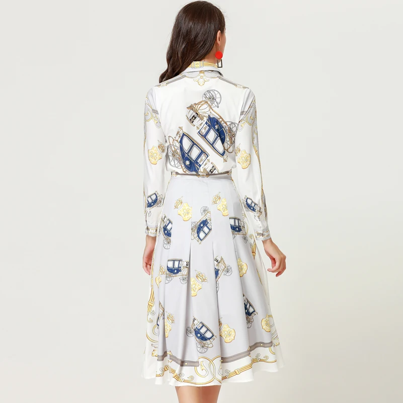 automne Imprimer Femmes Shirts Arc veau Piste Pièces Printemps Designer Ensemble Deux Multi Col Haute Vintage Mi Qualité De Blouses Jupe Ensembles vxIB4qwT6