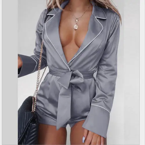 US Womens Satin V Neck Kimono Playsuit Tunic Jumpsuit Shorts Sleepwear