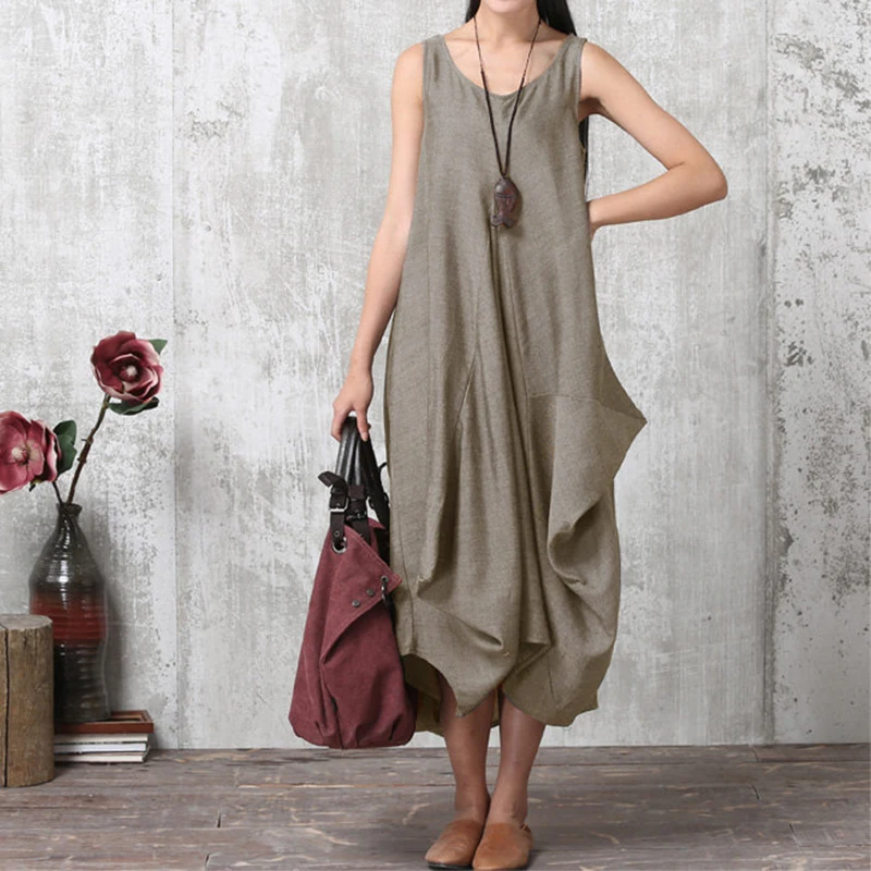 

2019 ZANZEA Women O Neck Sleeveless Work Baggy Summer Dress Loose Casual Solid Party Beach Long Tank Vestido Plus Size