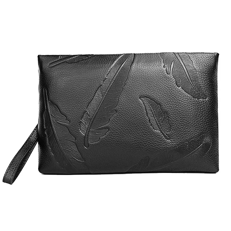 

Men's Handbags Business Designer Envelope Bag Soft Genuine Leather Hand Clutch Large Capacity Wristlet Purse Waterproof Black