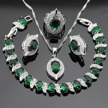 Plata Sistemas de La Joyería Para Las Mujeres de Color Verde Esmeralda Imitado Blanco CZ Pendientes Anillos Pulsera Collar Colgante De Caja de Regalo