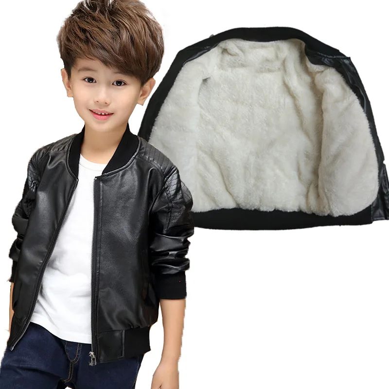 GCWHFL/детские Куртки из искусственной кожи зимнее теплое кожаное пальто для мальчиков весенне-осенняя куртка для мальчиков однотонная Повседневная Верхняя одежда От 3 до 15 лет - Цвет: Thick Black