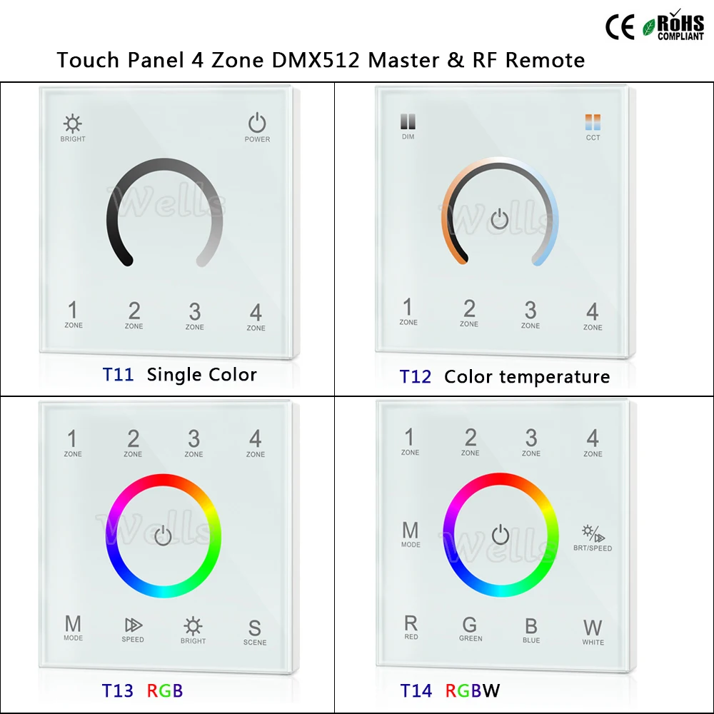 T11/T12/T13/T14 сенсорный Панель 4 зоны RGB DMX512 мастер & RF пульт дистанционного управления для одного цвета/цветовая температура/RGB/RGBW Светодиодная