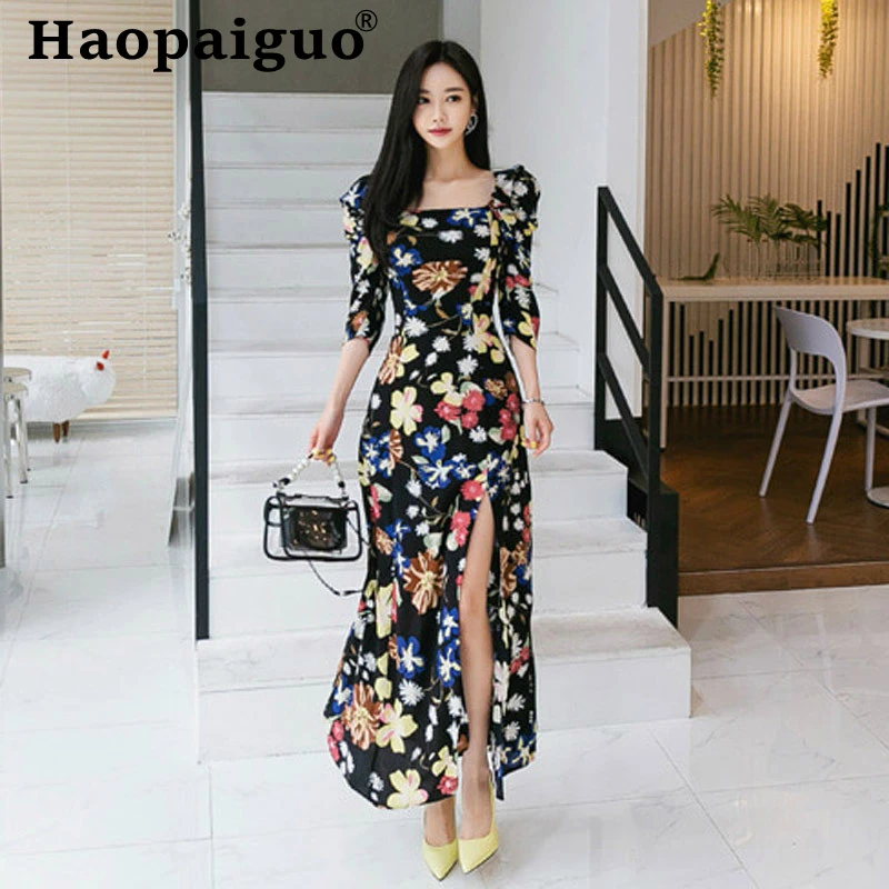 

Women Three-quarter Sleeve Streetwear Elegant Dress Women Flower Long Dress Summer Slash Neck Sheath Split Print Floral Dress