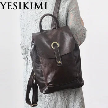 

YESIKIMI Genuine Leather Women Casual Backpacks Bookbags Nature Cowhide Leather Female travel shoulder bags