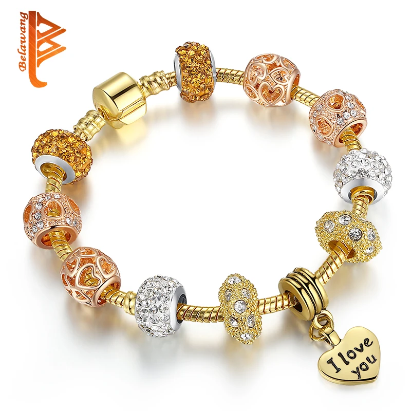 

BELAWANG New Gold-color Charm Bracelets For Women Snake Chain Heart Bracelets Bangles DIY Crystal Beads Jewelry Pulseras