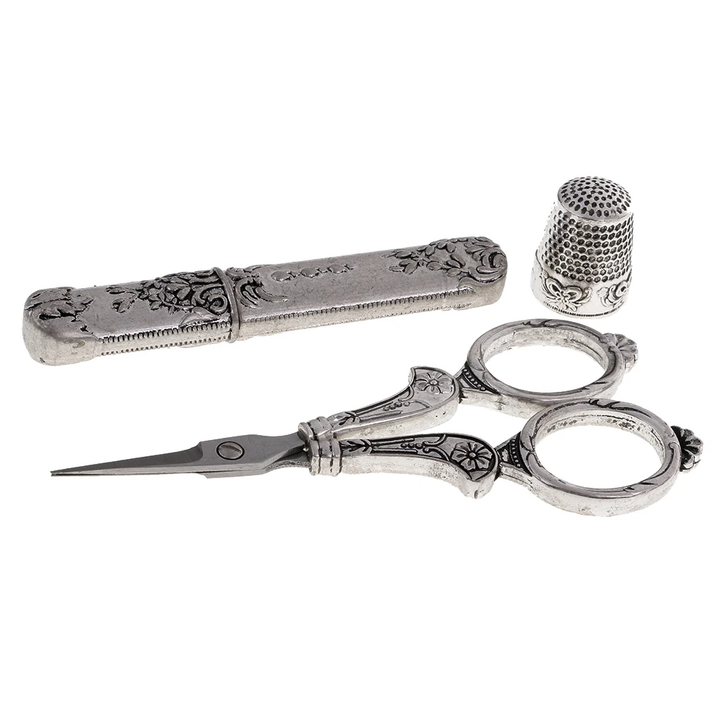 2 Sets European Vintage Sewing Kit Tailors Scissors Thimble Needle Case Holder DIY Embroidery Cross Stitch Crewel Craft Tools