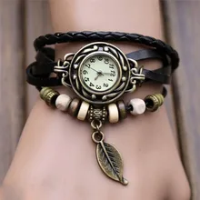 2017 1PC Womens Bracelet Vintage Weave Wrap Quartz Leather Leaf Beads Wrist Watches reloj hombre #04