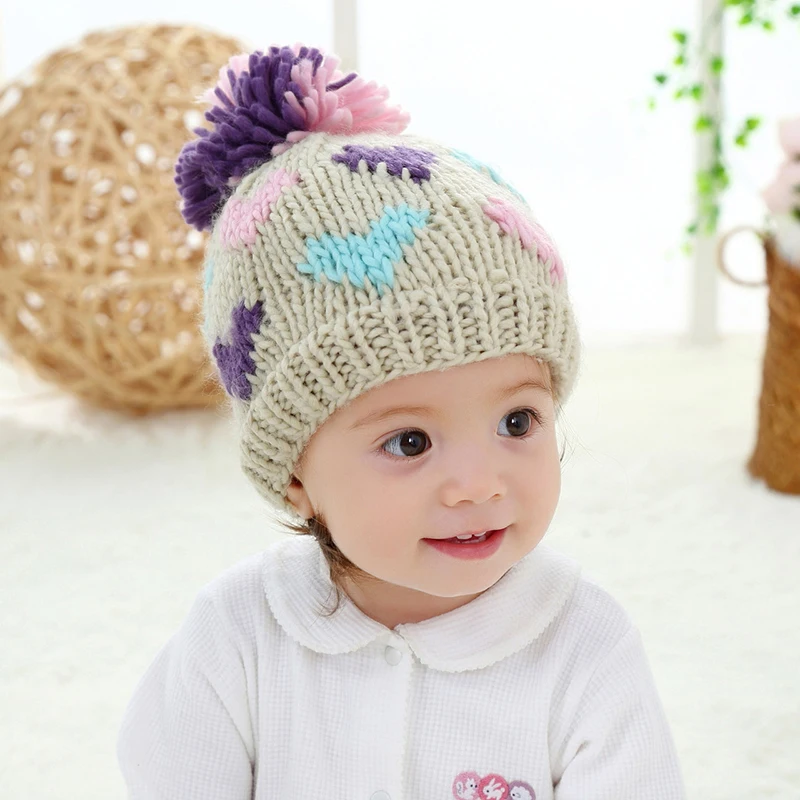 New Baby Girl Hat Print Solid Knit Kids Beanie Winter Ear ...