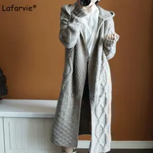 Lafarvie Thick Cashmere Blended Knitted Sweater Cardigan Women Coat Autumn Winter Hooded Collar Plaid Long Coat Knitting Outwear