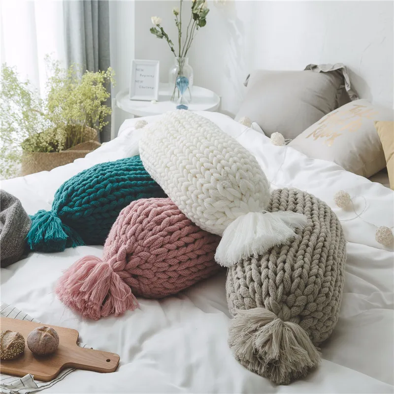 

Oval Hand-woven Thick Line Pillow Sofa Soft Cushion Creative Home Decoration Knitting Wool Cushion