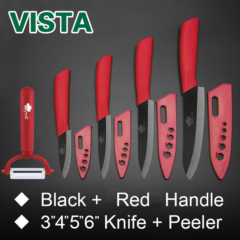 Кухонные ножи, набор керамических ножей " для очистки овощей 4", универсальный нож " для нарезки 6", нож шеф-повара+ держатель+ Овощечистка, черное лезвие - Цвет: Red without holder