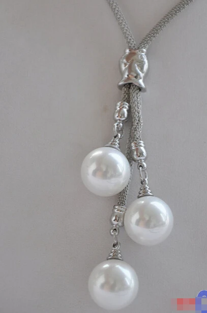 

FREE SHIPPING24" 14mm white round south sea shell pearl Stainless steel mesh necklace