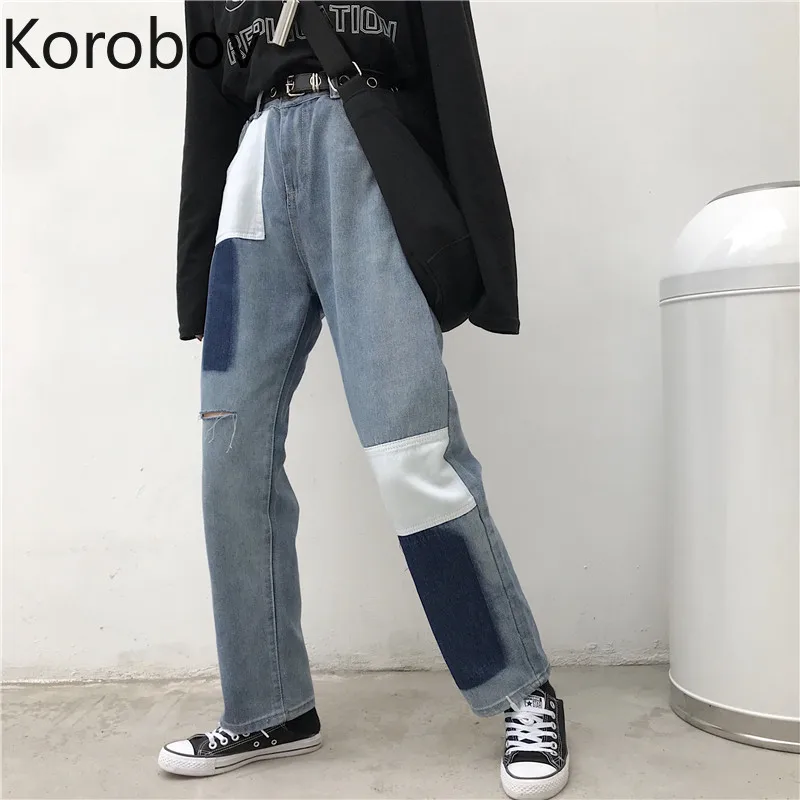 

Korobov Women Denim Women Wide Leg Pants High Street Patchwork Female Trousers Korean Vogue Jeans Ankle-Length Pants 77862