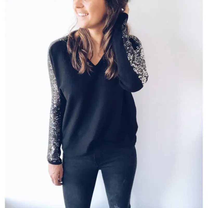 New Spring V-neck Long Sleeve Sequins Patchwork Women Sexy T-shirt Casual Fashion Gold Silver Colour Loose Tops New Spring V-neck Long Sleeve Sequins Patchwork Women Sexy T-shirt Casual Fashion Gold Silver Colour Loose Tops