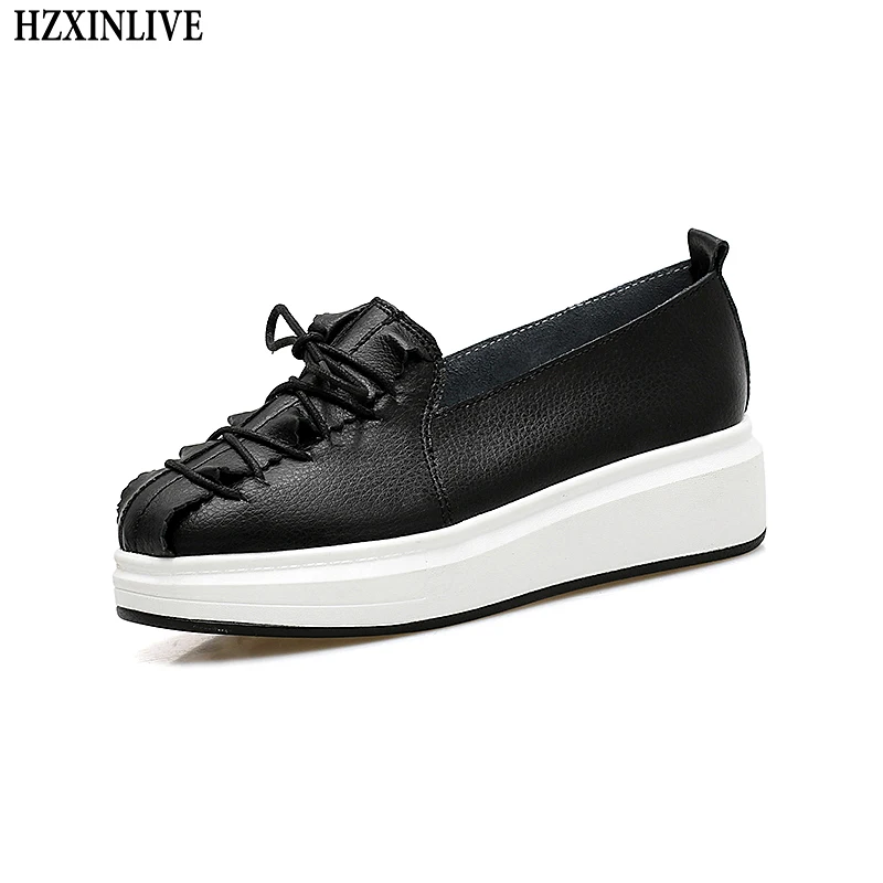 

HZXINLIVE 2018 Women Genuine Leather Flat Shoes Solid White Platform Shoes Ladies Slip-on Loafers Female Fashion Casual Footwear