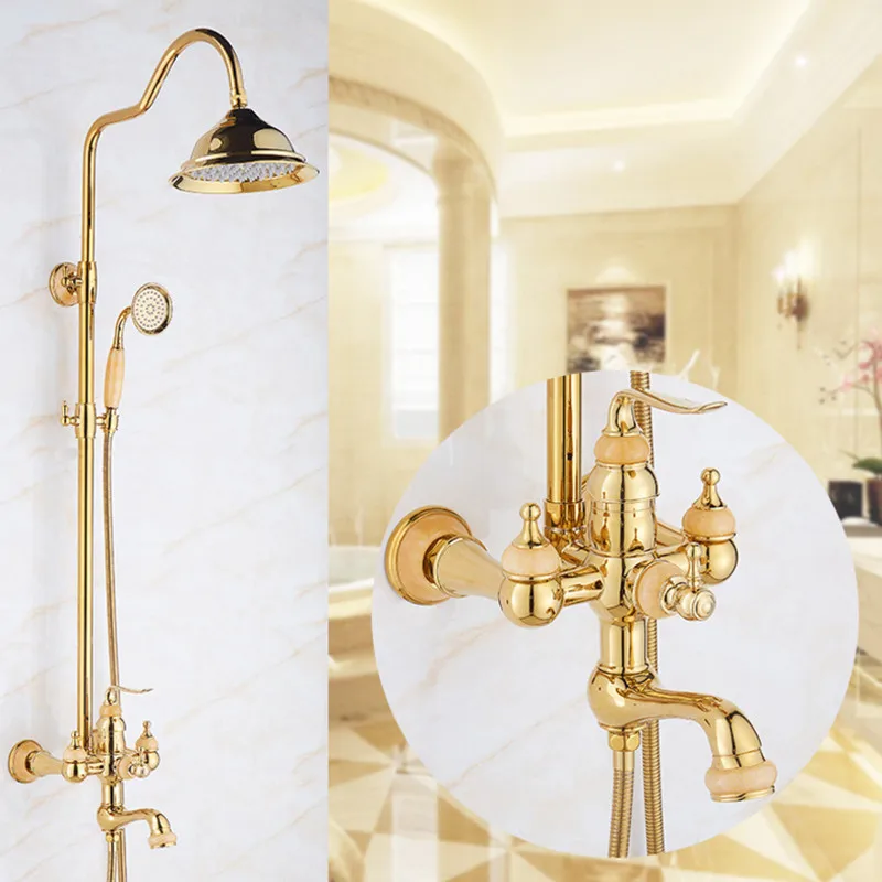 

Bathroom Rainfall Gold Shower Faucet Set with Single Handle Mixer Tap With Hand Sprayer Wall Mounted Bath bowlder Shower Sets