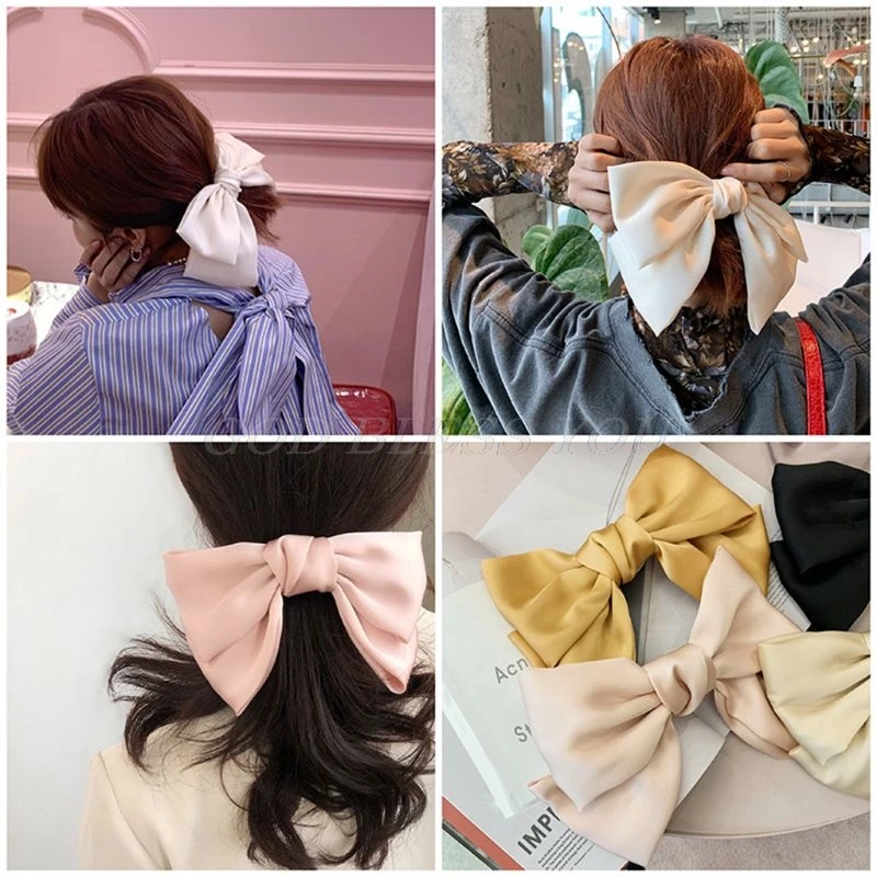 Корейская женская винтажная Французская заколка для волос, большой двухслойный атласный бант, конский хвост, зажим, однотонный цвет, весенние заколки