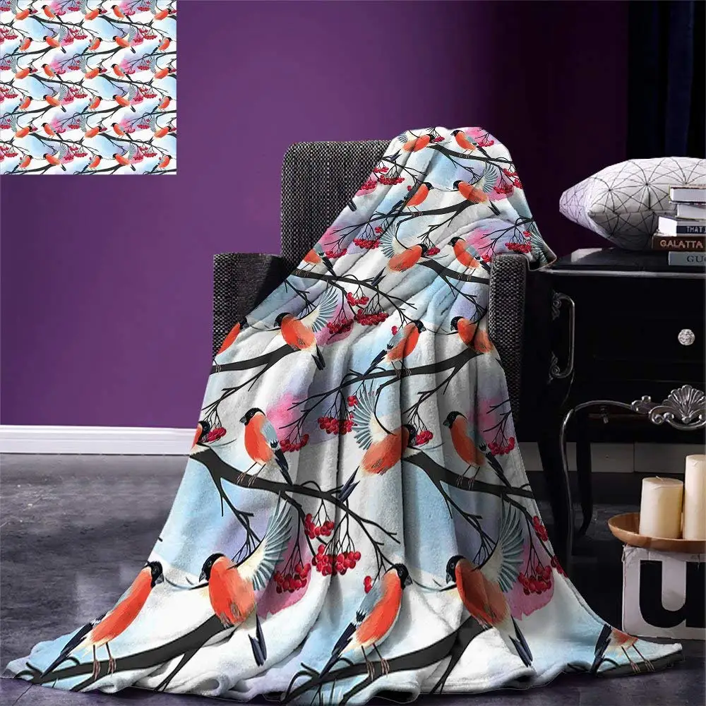 

Rowan Throw Blanket Bullfinch Birds with Open Wings on Rowan Shrubs with Ripe Berries Art Pattern Print Fleece Blankets for Beds