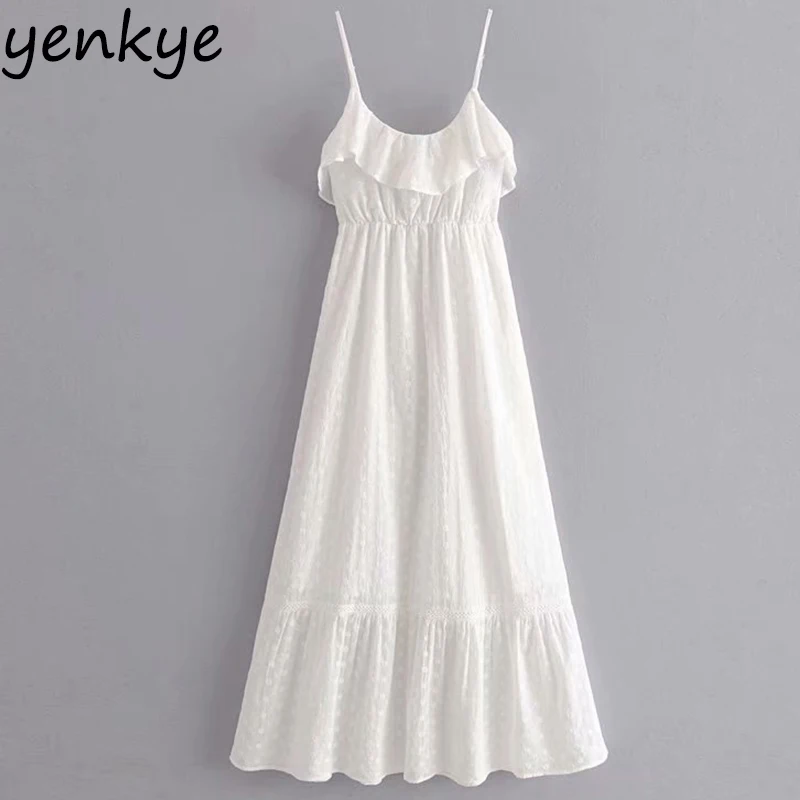 

2019 Women Sexy Hollow Out Embroidery Dress Elegant Lady Ruffle O Neck Sleeveless High Waist A-line White Party Dress AAZZ9412