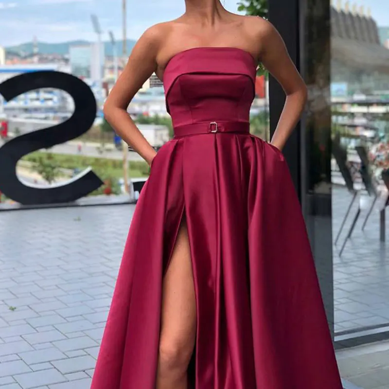 New Arrival Evening Prom Party Dresses Vestido De Festa Gown Robe De Soiree Pink Satin Sexy Strapless Long Gown Formal Dress