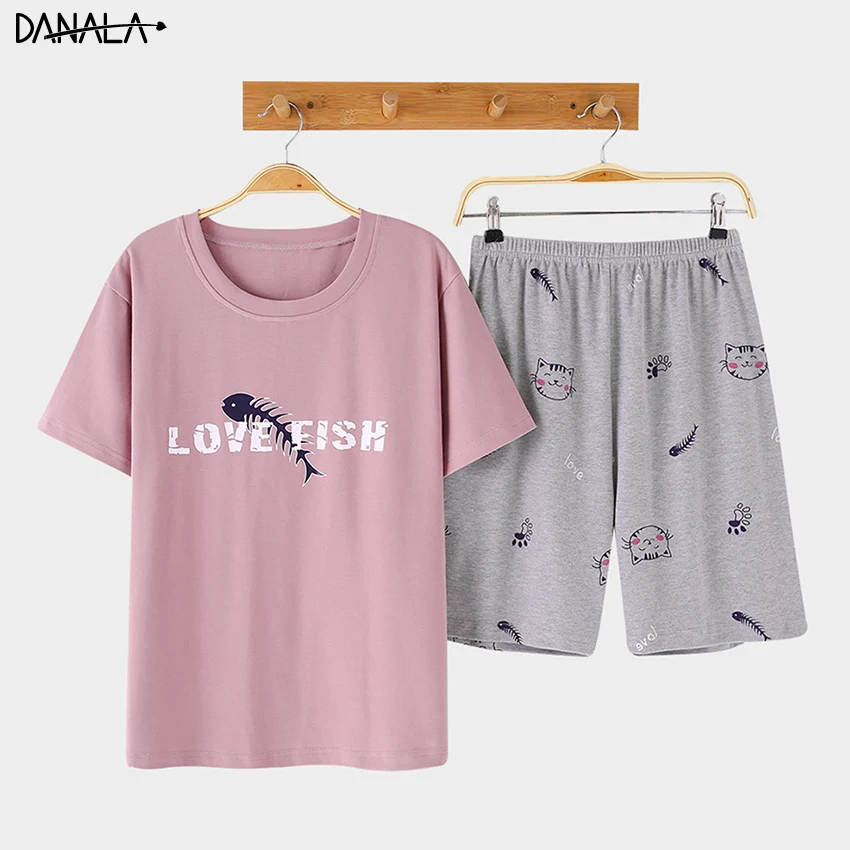 

DANALA Cotton Casual Women Pajamas Sets With Shorts Summer Short Sleeve Sleepwear Sets Women Home Suits Nightwear T-shirt Pants