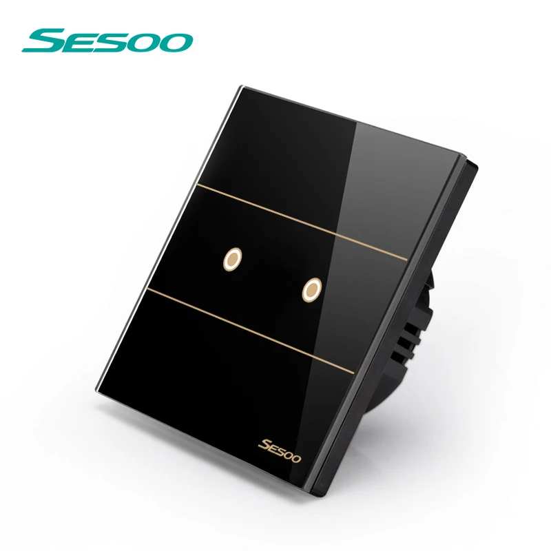 SESOO Remote Control Switches 2 Gang 1 Way SY5 02 Black Crystal Glass Switch Panel Remote