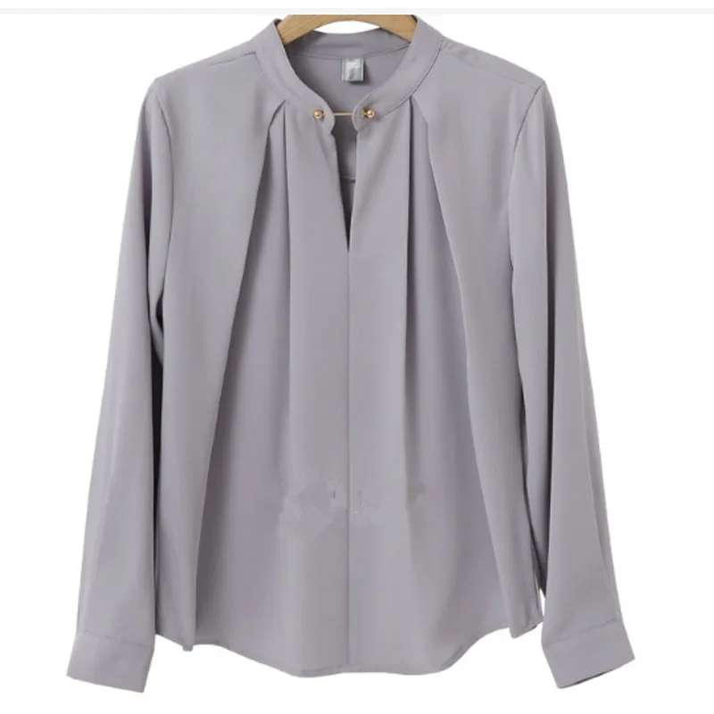 

2018 Spring Plus Size XL 5XL European Style Women Shirts Rivet Stand Collar Female Work Tops Loose Long Sleeve Black Gray Blouse