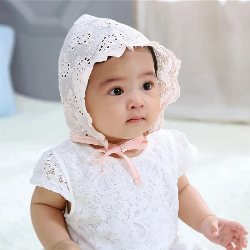 Fashion Lace Baby Cap for Girls Newborn Photography Props Kids Hat Summer Cotton Bonnet Infant Accessories White Pink | Детская одежда