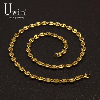 

UWIN Stainless Steel Coffee beans Chain Necklace 8mm 55cm Hip hop Style Gold color Link Fashion Punk Choker Charms Jewelry