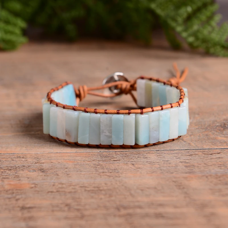 Богемный Браслет Amazonite один винтажный кожаный браслет полудрагоценный камень
